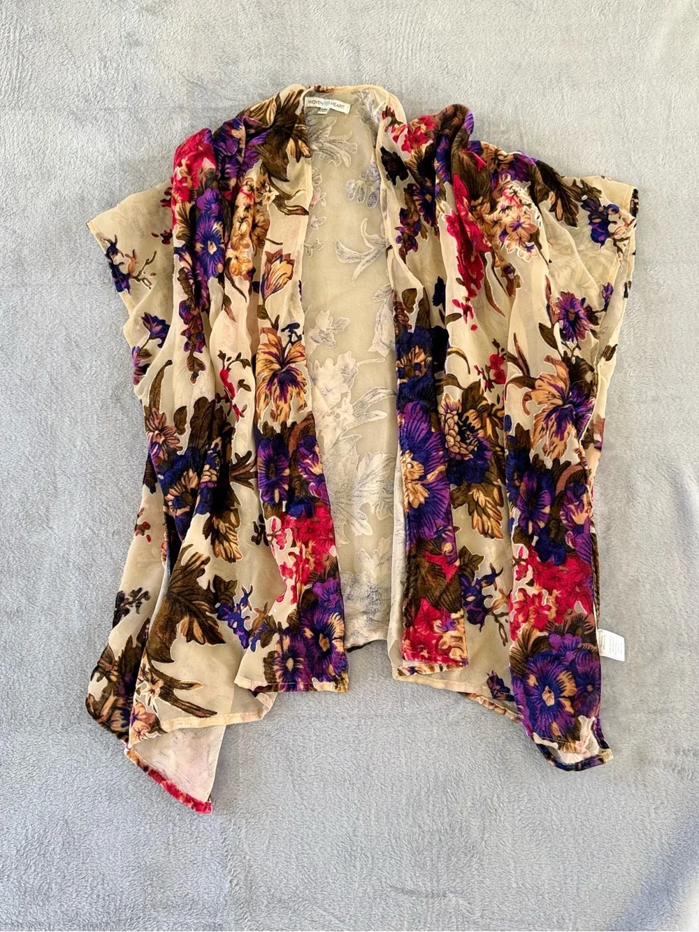 Velvet Burnout Kimono Womens One Size Floral Sheer Cardigan Shawl Boho Artsy - Picture 1 of 6